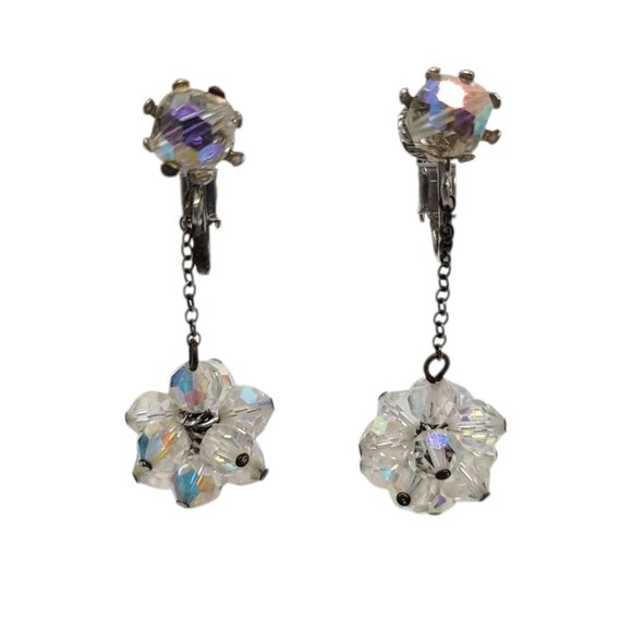 Vtg Aurora Borealis Crystal Clip-On Dangle Earrings AB Cluster Drop Statement - Picture 5 of 10